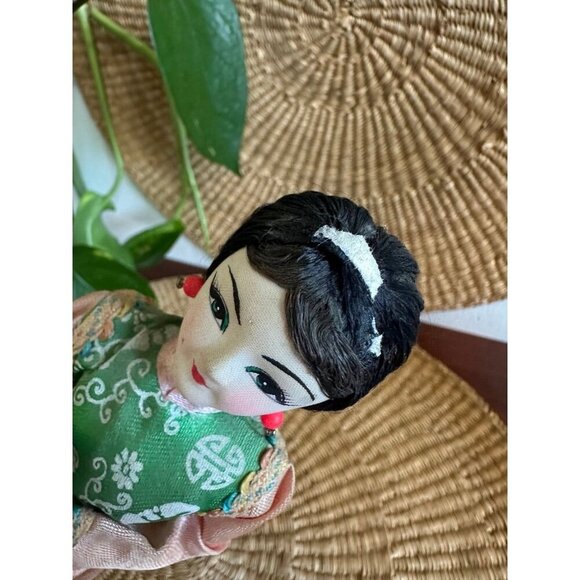 Vintage Asian Fabric Doll on Wood Base - Picture 7 of 12